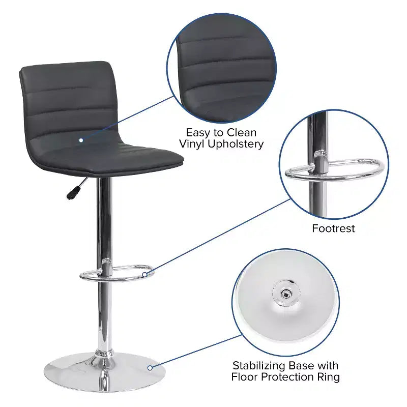 Tabouret de bar moderne en vinyle à hauteur réglable avec dossier à surpiqûres horizontales,
