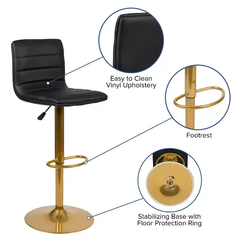 Tabouret de bar moderne en vinyle à hauteur réglable avec dossier à surpiqûres horizontales,