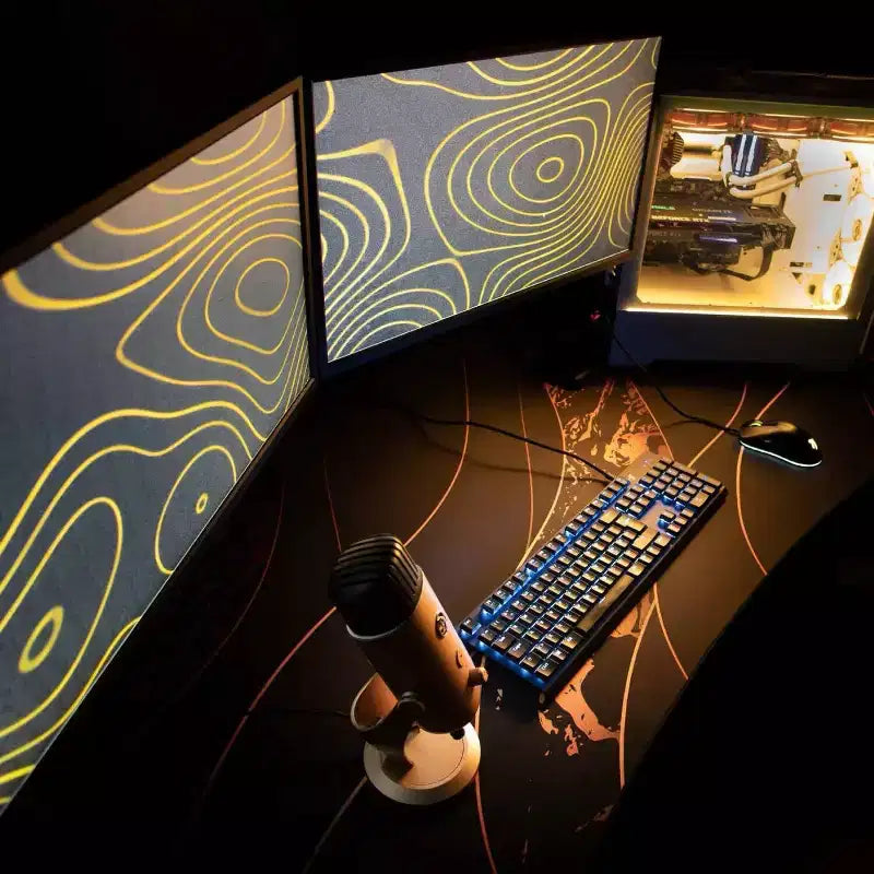 Tapis de souris lavable pour bureau de jeu incurvé ultralarge et 3 découpes personnalisées pour support d'écran avec gestion des câbles