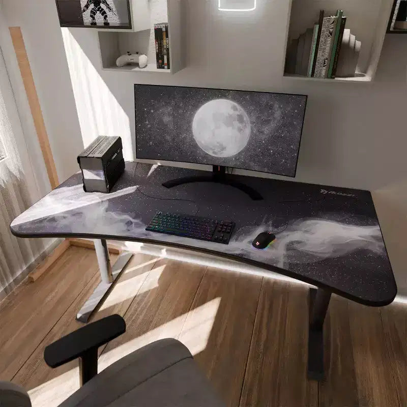 Tapis de souris lavable pour bureau de jeu incurvé ultralarge et 3 découpes personnalisées pour support d'écran avec gestion des câbles